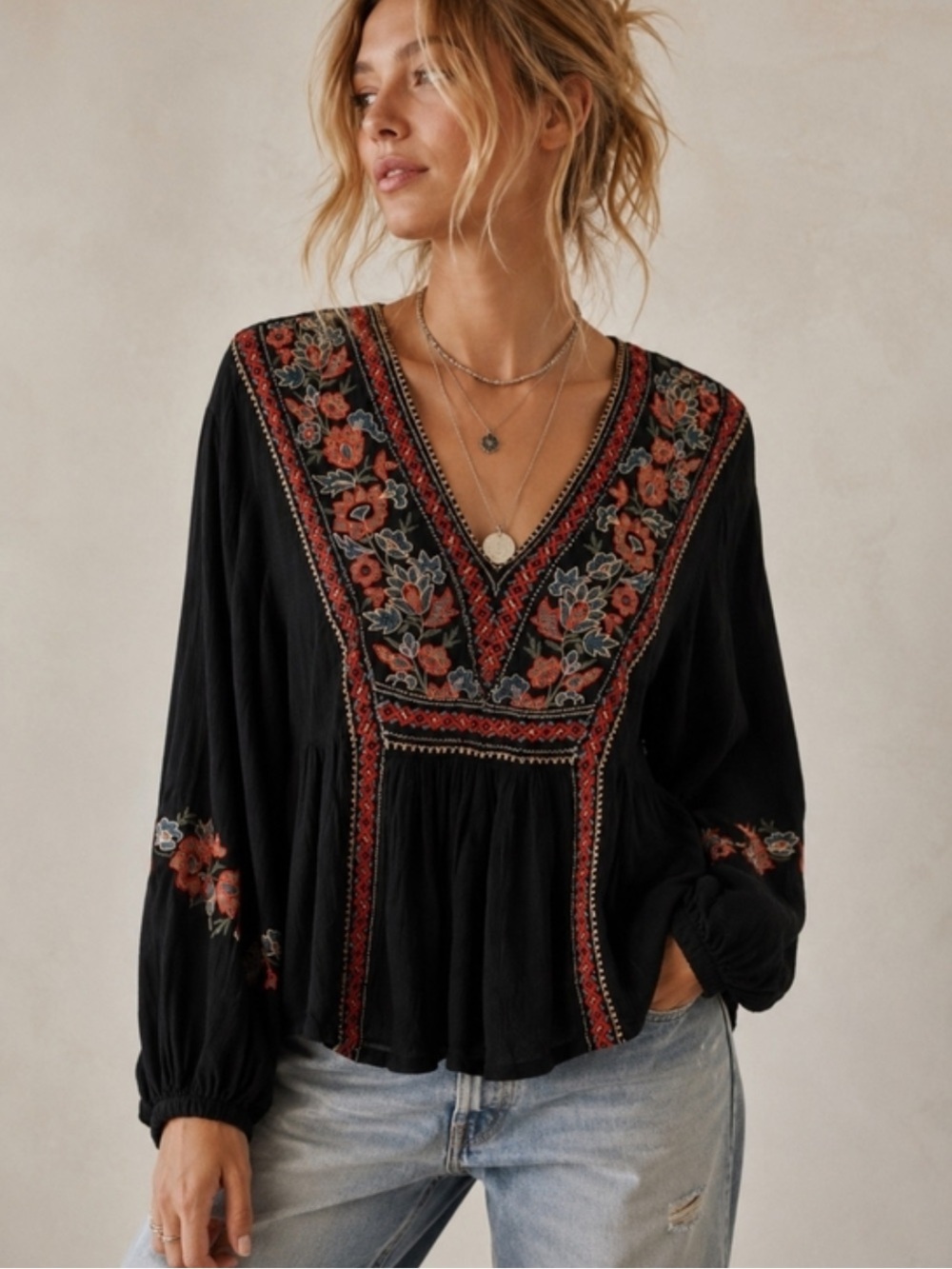 American Eagle Outfitters Embroidered Peasant Blouse Peplum Boho Balloon Sleeve